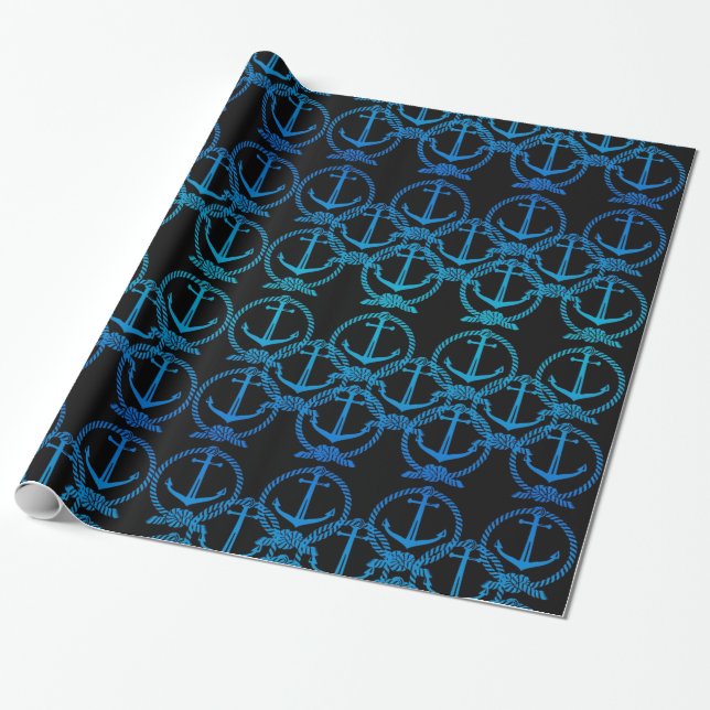 Nautical Blue Anchor Motif Wrapping Paper (Unrolled)