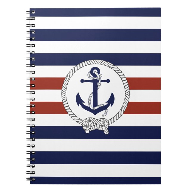 Nautical blue anchor/Navy knot/red/white stripe Notebook (Front)