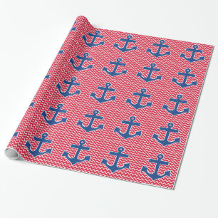 Nautical Blue Anchor on Red Chevron Background Wrapping Paper