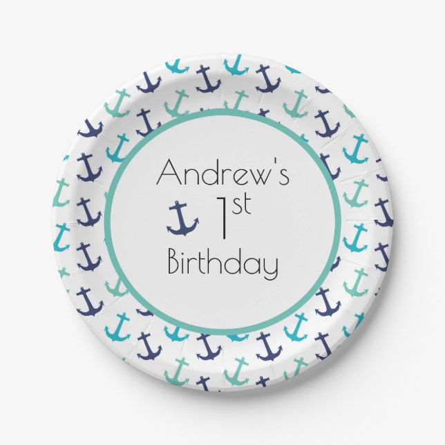 Nautical Blue Anchor Paper Plate (Front)