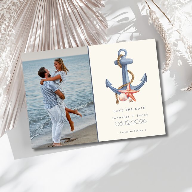 Nautical Blue Anchor Photo Beach Wedding Save The Date (Nautical Blue Anchor Photo Beach Wedding Save The Date)