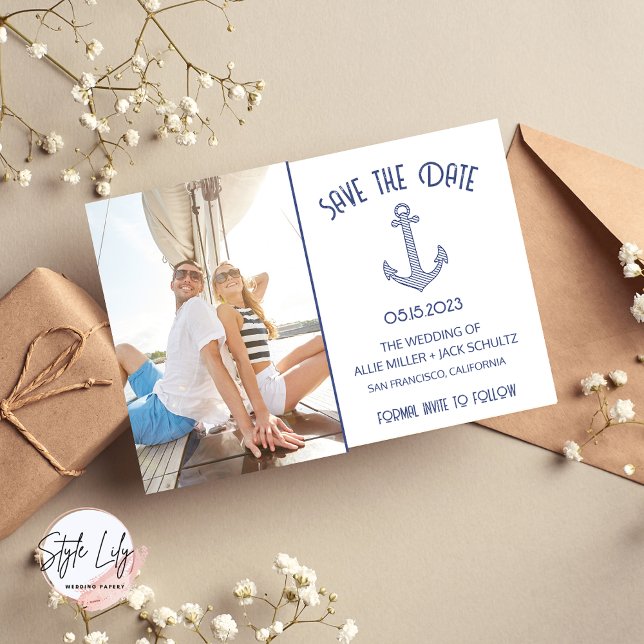 Nautical Blue Anchor Photo Wedding Save The Date (Creator Uploaded)