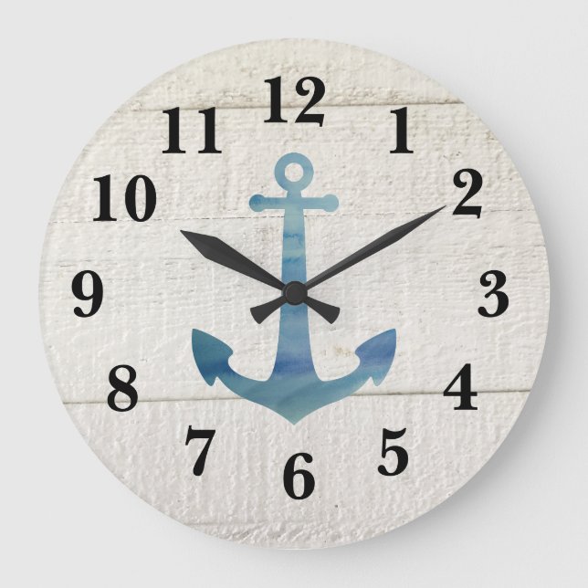 Nautical Blue Anchor Shiplap Rustic Decor Large Cl Clock (Front)