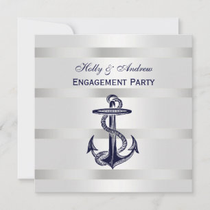 Nautical Blue Anchor Silver Wt BG SQ Engagement Invitation