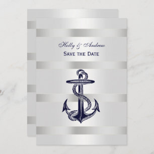 Nautical Blue Anchor Silver Wt BG V Save the Date Invitation