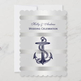 Nautical Blue Anchor Silver Wt BG V Wedding T Invitation