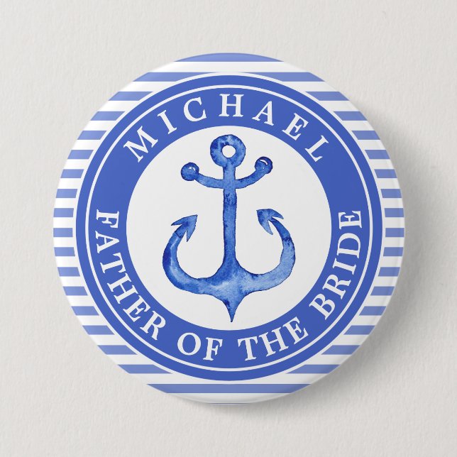 Nautical Blue Anchor Striped Wedding Party Button (Front)