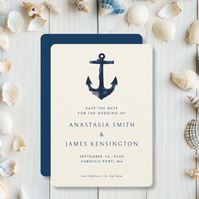 Nautical Blue Anchor Stylish Modern Ocean Wedding Invitation (Creator Uploaded)
