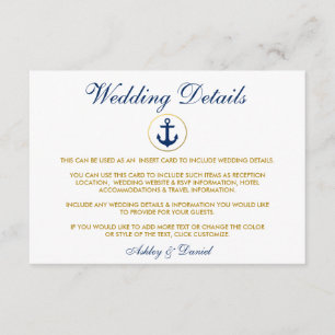 Nautical Blue Anchor Wedding Details Insert Card
