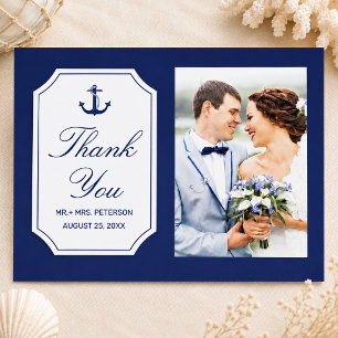 Nautical Blue Anchor Wedding Photo Thank You Postcard