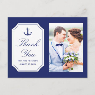 Nautical Blue Anchor Wedding Photo Thank You Postcard