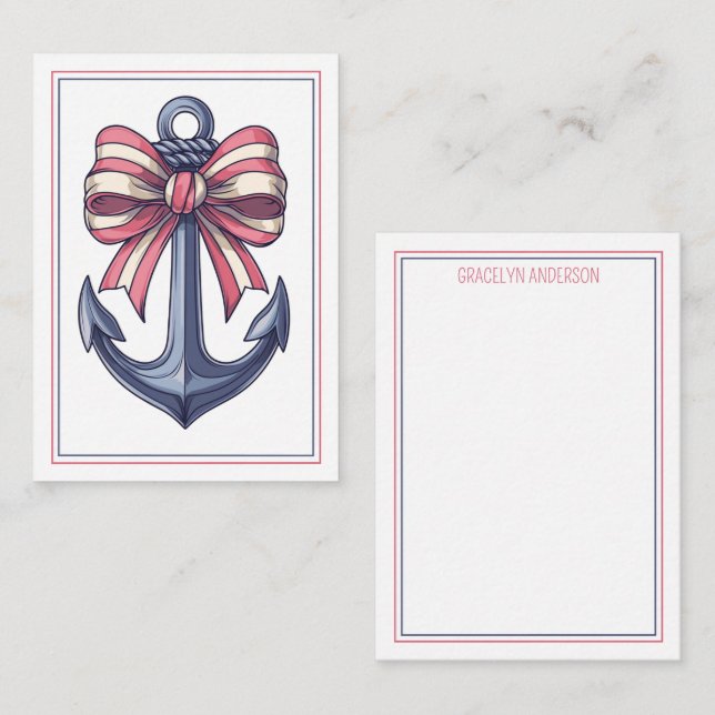 Nautical Blue Anchor With Red and White Stripe Bow Card (Front/Back)