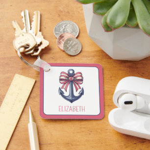 Nautical Blue Anchor With Red and White Stripe Bow Key Ring