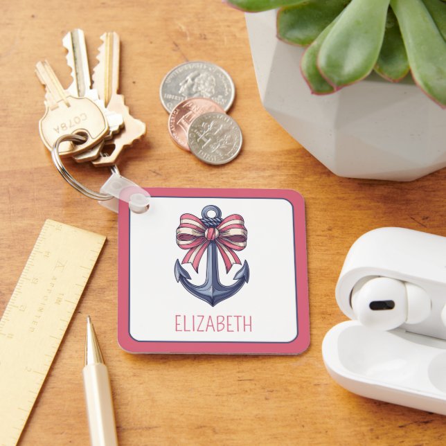 Nautical Blue Anchor With Red and White Stripe Bow Key Ring (Desk)