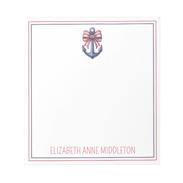Nautical Blue Anchor With Red and White Stripe Bow Notepad (Front)