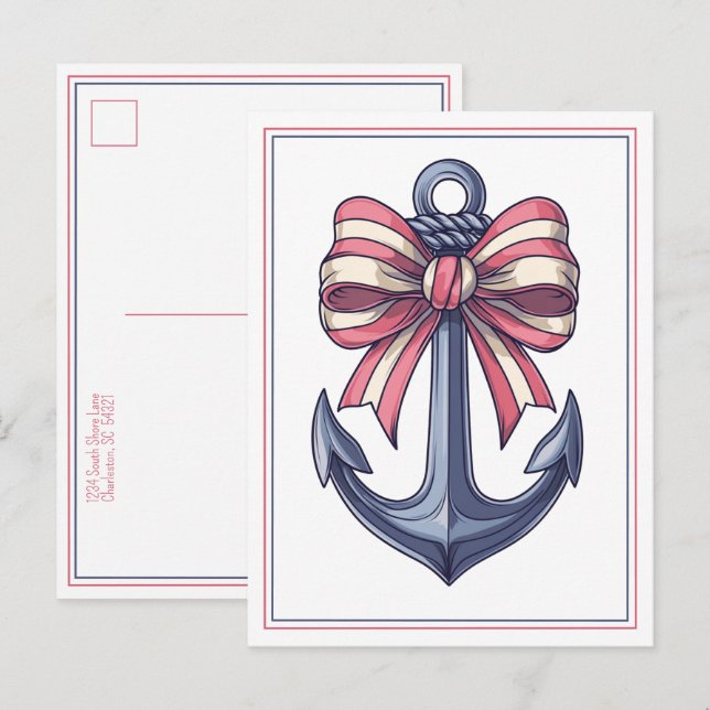 Nautical Blue Anchor With Red and White Stripe Bow Postcard (Front/Back)