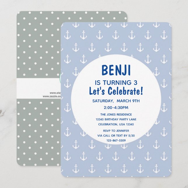 Nautical Blue and Navy Anchor Birthday Invitation (Front/Back)