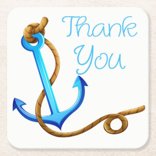 Nautical Blue and Turquoise Ship Anchor Thank You Square Paper Coaster