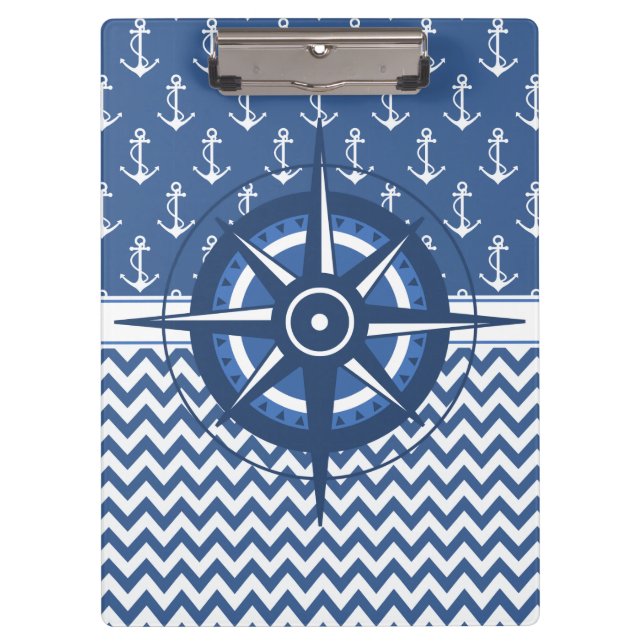Nautical Blue and White Anchor and Chevron Pattern Clipboard (Front)