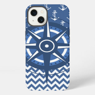 Nautical Blue and White Anchor and Chevron Pattern iPhone 13 Case