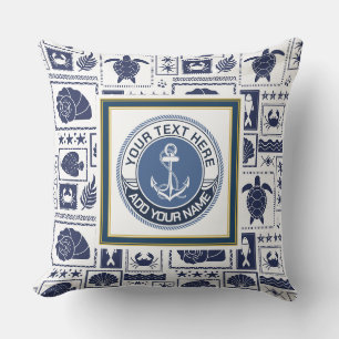 Nautical Blue and White Anchor Coastal Cushion