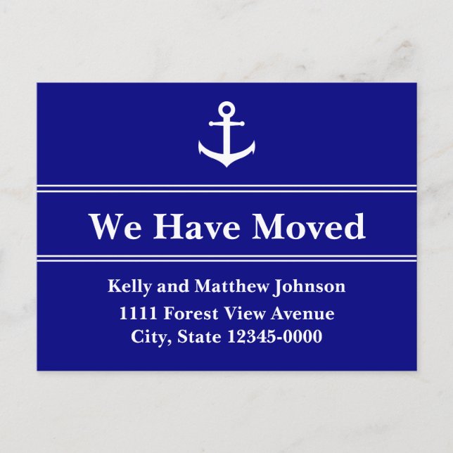 Nautical Blue and White Anchor Moving Announcement Postcard (Front)