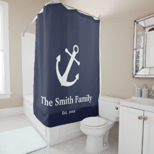 Nautical Blue and White Anchor Name Text Template Shower Curtain