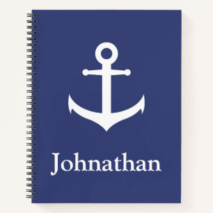 Nautical Blue and White Anchor Pattern Back Name  Notebook