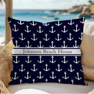 Nautical Blue And White Anchor Pattern Name Cushion