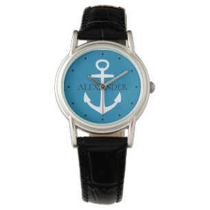 Nautical Blue and White Anchor Personalised Watch