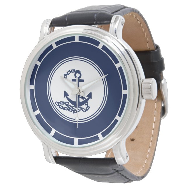 Nautical Blue And White Anchor Symbol Sailor Style Watch (Angled)