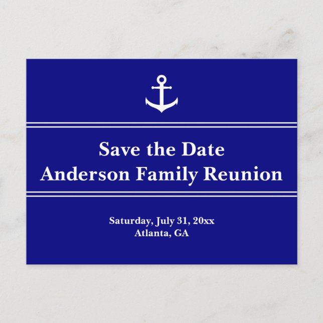 Nautical Blue and White Anchor Text Family Reunion Announcement Postcard (Front)