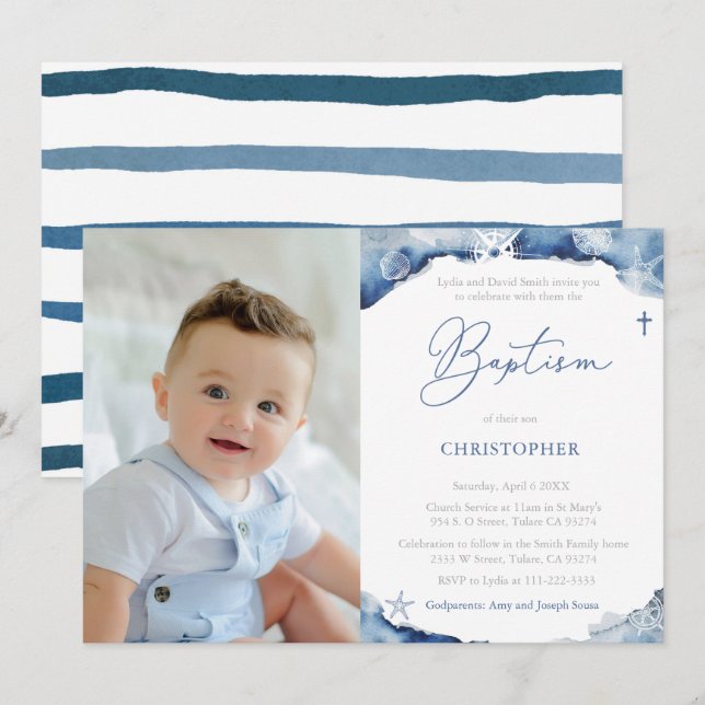 Nautical Blue And White Baptism Ceremony Picture Invitation (Front/Back)