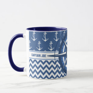 Nautical Blue and White Chevron Custom Captains Mug