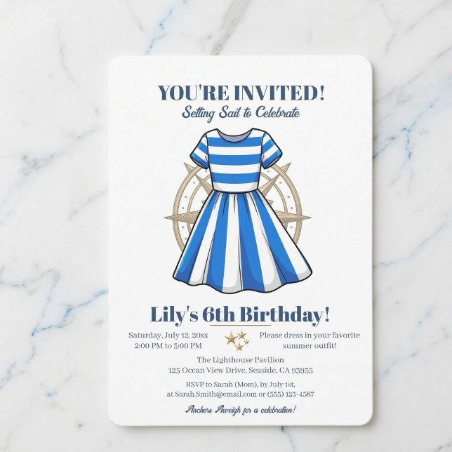 Nautical Blue And White Sailor Dress Party Invite (Gather your crew for a special birthday.)