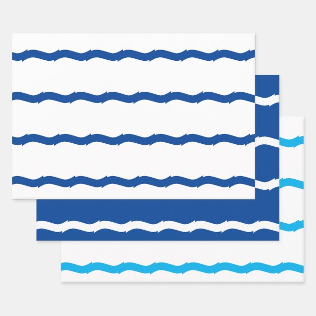 Nautical blue and white sea waves pattern wrapping paper sheet (Set)