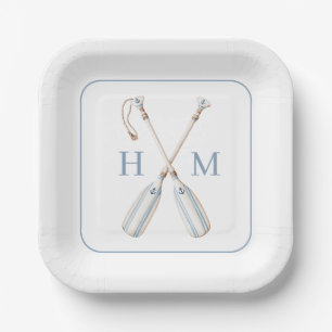 Nautical Blue and White Stripe Boat Oars Monogram Paper Plate