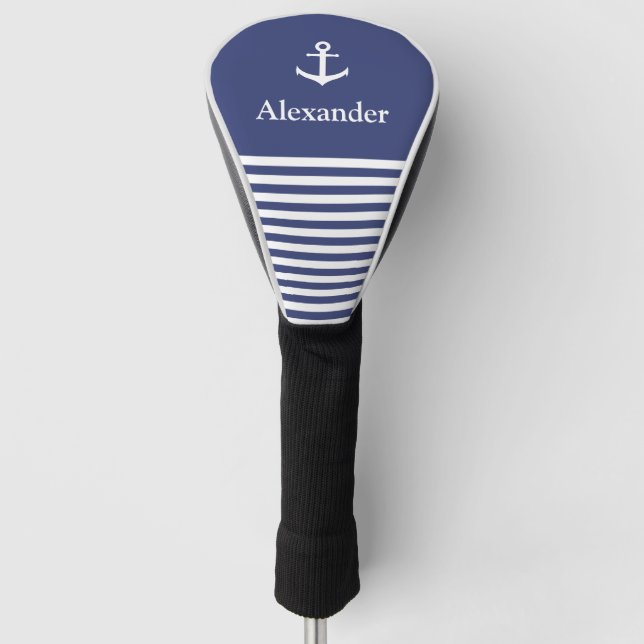 Nautical Blue and White Stripes Anchor Name Golf Head Cover (Front)