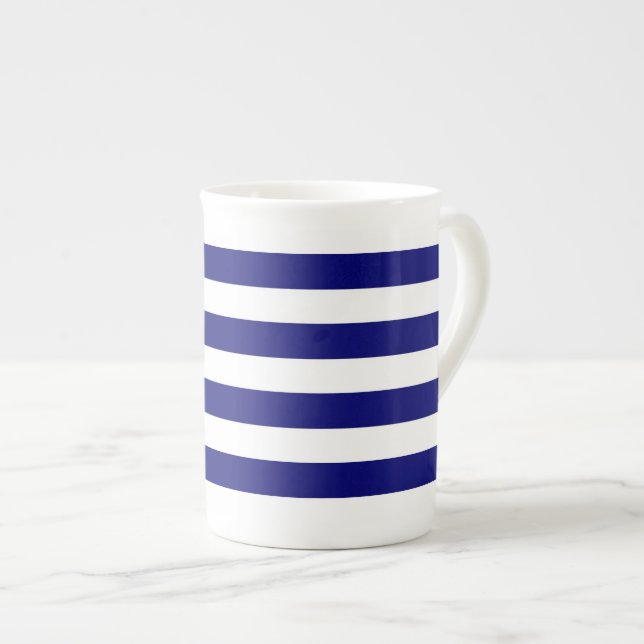 Nautical blue and white stripes bone china mug (Front Right)