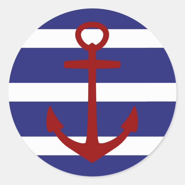 Nautical Blue and White Stripes with Red Anchor Classic Round Sticker (Front)