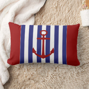 Nautical Blue and White Stripes with Red Anchor Lumbar Cushion