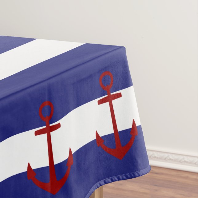 Nautical Blue and White Stripes with Red Anchors Tablecloth (In Situ)