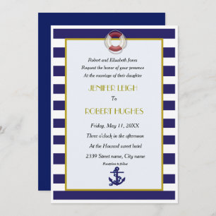 Nautical blue and white wedding invitation
