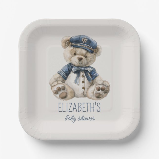 Nautical Blue Baby Bear Baby Shower Paper Plate (Front)