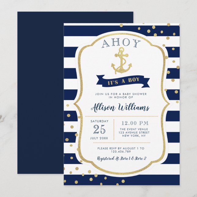 nautical blue baby shower invitation (Front/Back)