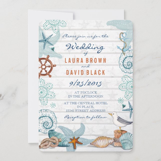 Nautical blue Beach sand shells Wedding Invitation (Back)