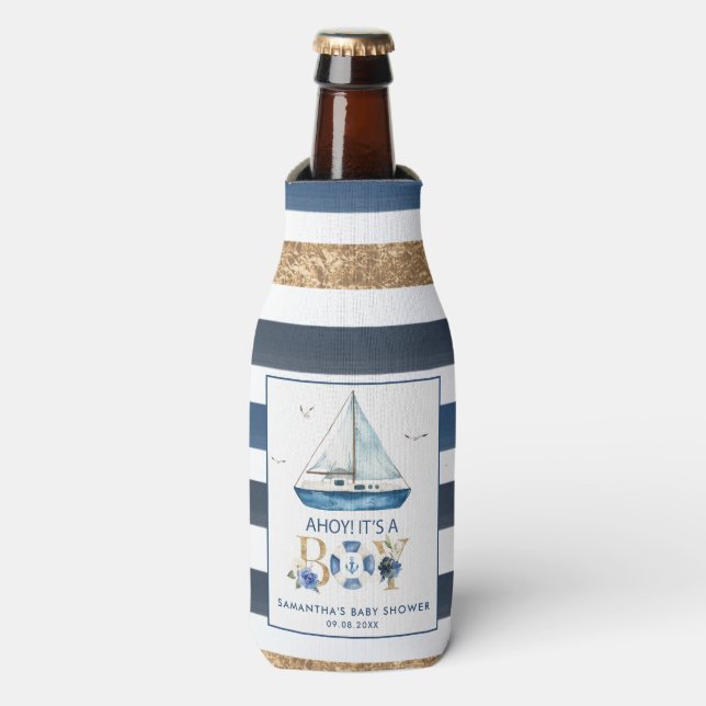 Nautical Blue Boat Ahoy It's a Boy Baby Shower Bottle Cooler (Bottle Front)