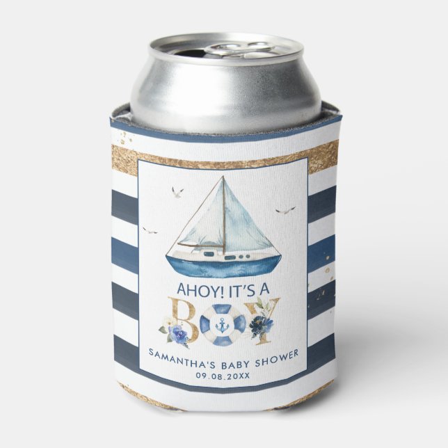 Nautical Blue Boat Ahoy It's a Boy Baby Shower Can Cooler (Can Front)