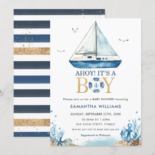 Nautical Blue Boat Ahoy It's a Boy Baby Shower Invitation