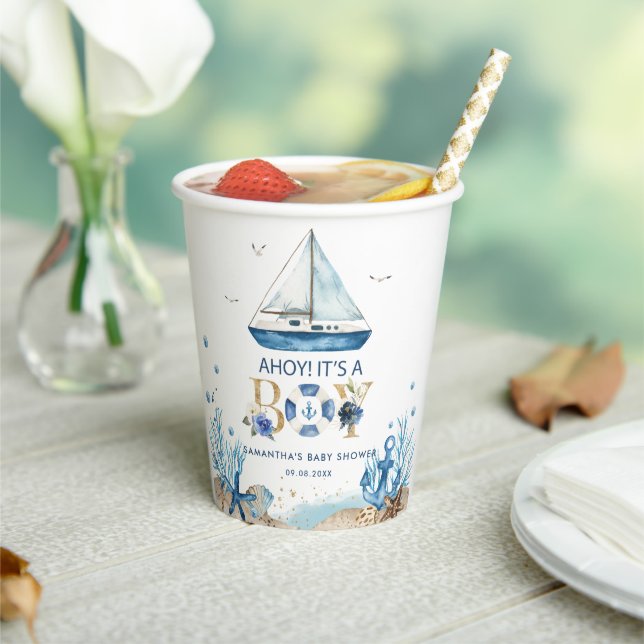 Nautical Blue Boat Ahoy It's a Boy Baby Shower Paper Cups (Insitu)